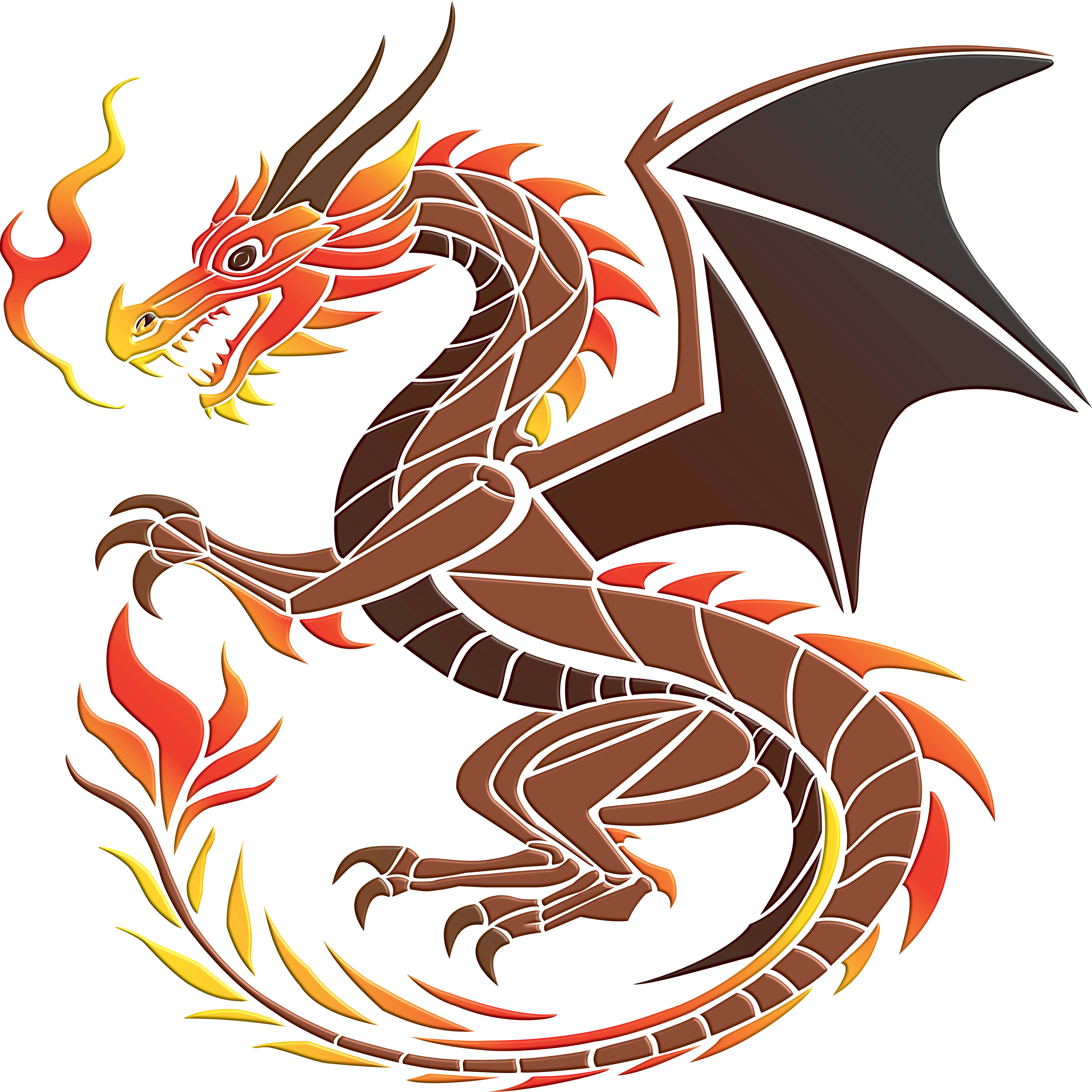Ognisty smok w dynamicznej pozie, wykonany liniowo z gradientowym kolorem od czerwieni do żółci — stylizowana grafika z płomieniami i skrzydłami typu orientalnego.