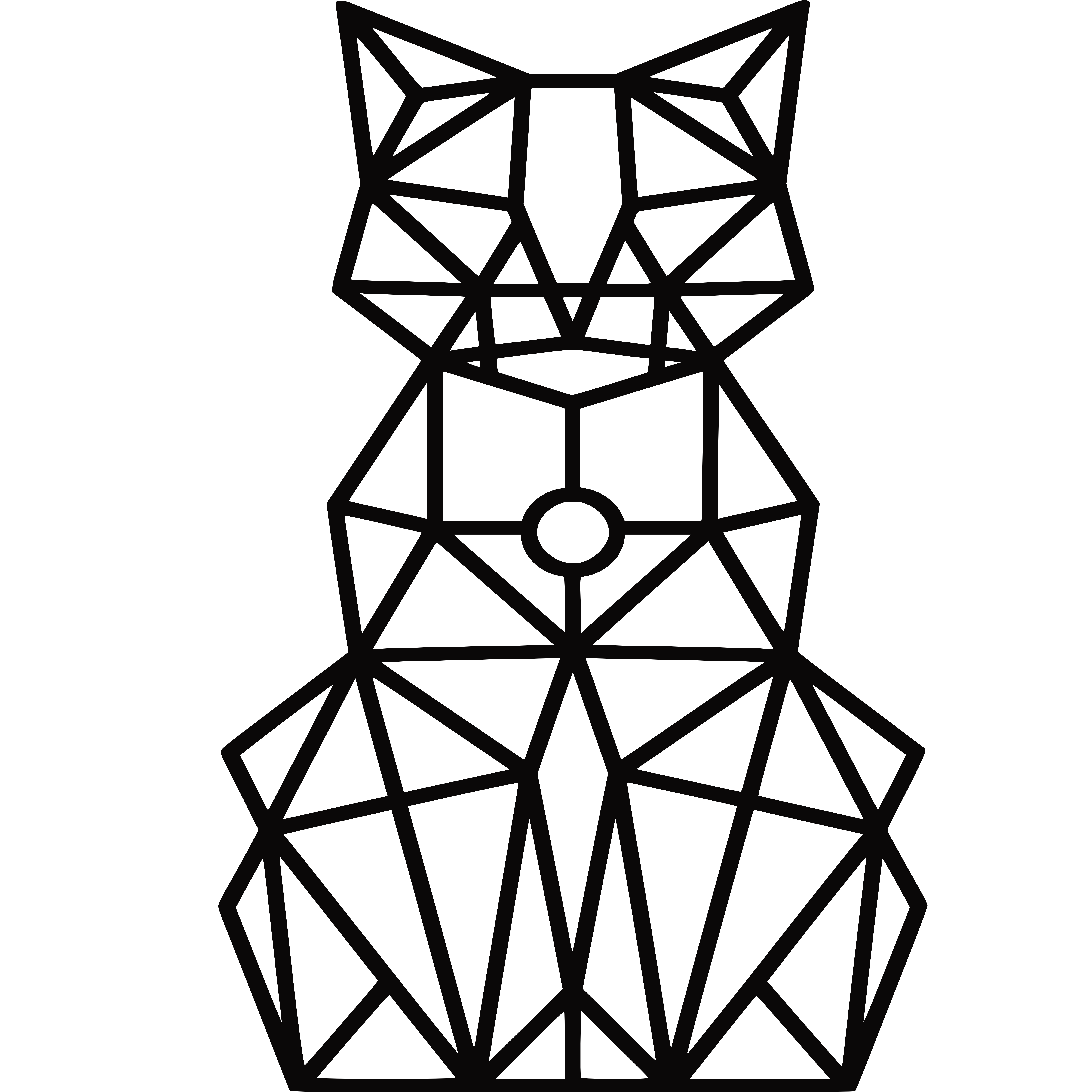 Kot zbudowany z czarnych trójkątnych segmentów o symetrycznej strukturze — minimalistyczna grafika geometryczna z centralnym okręgiem na klatce piersiowej.