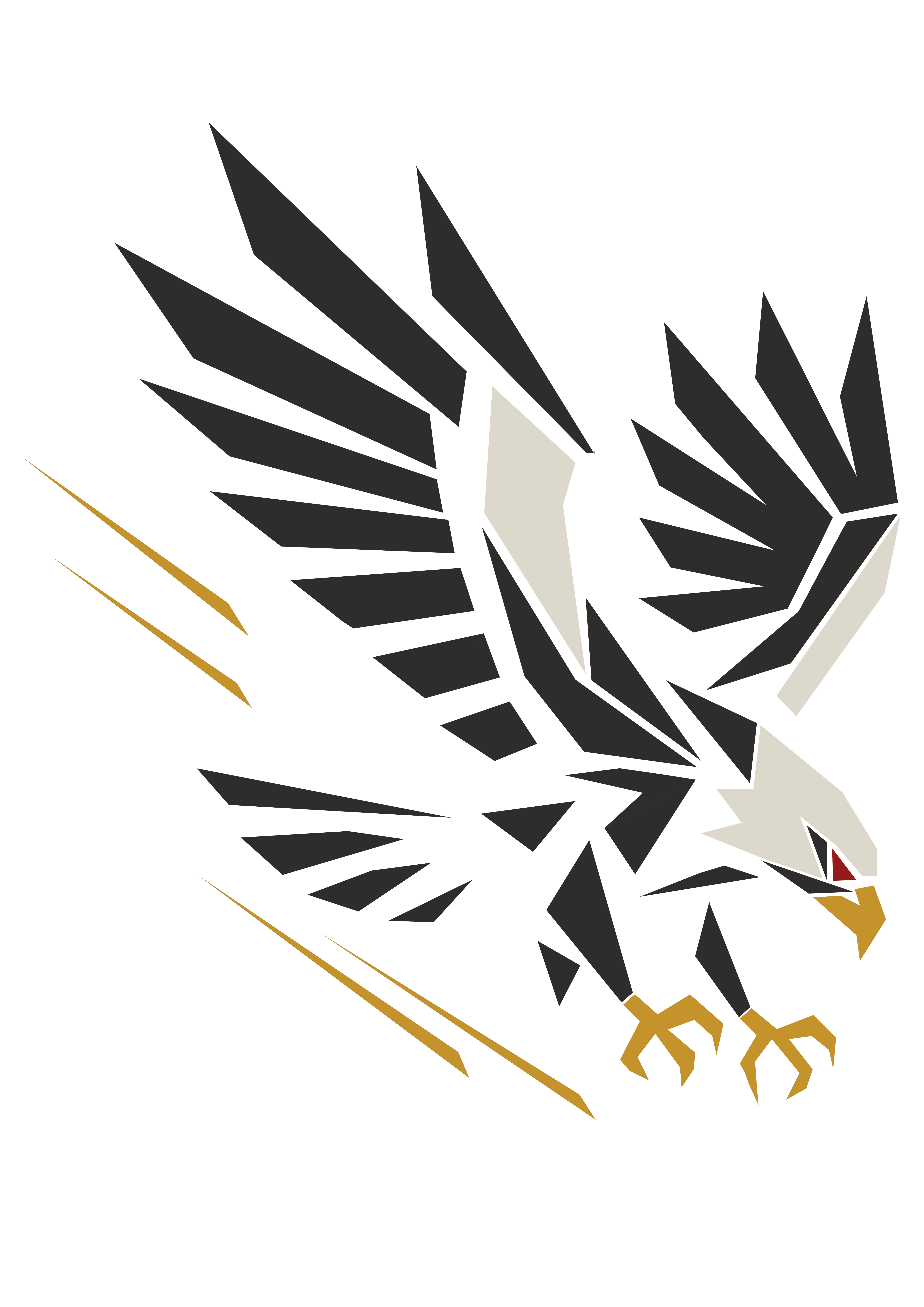 Geometryczny orzeł w locie nurkującym, z czarnymi i białymi segmentami oraz złotymi szponami — dynamiczna kompozycja z ostrymi liniami i trójkątnym rytmem.