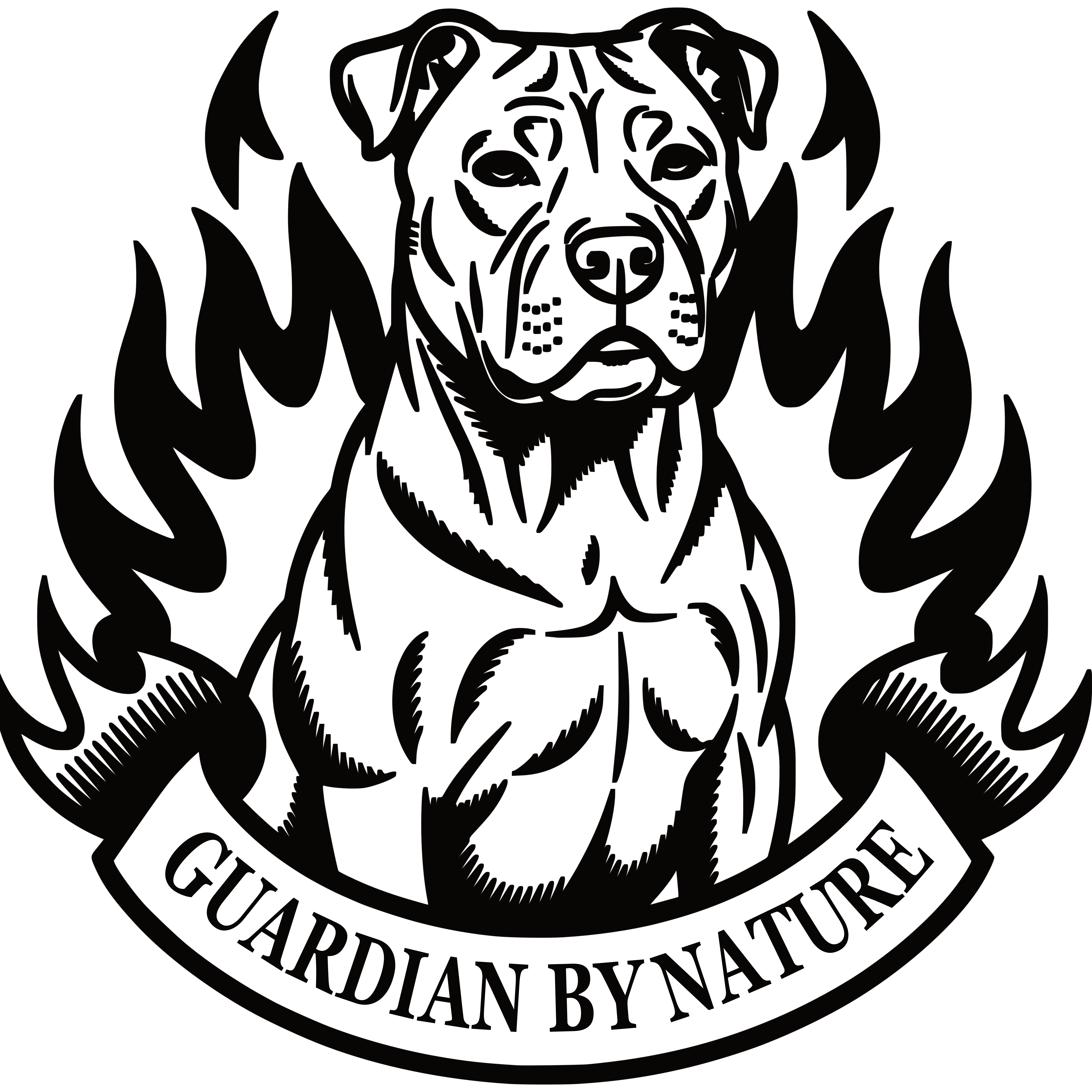 Stylizowany wizerunek psa rasy American Staffordshire Terrier w otoczeniu płomieni i wstęgi z napisem „Guardian by Nature” — grafika w stylu tatuażu.