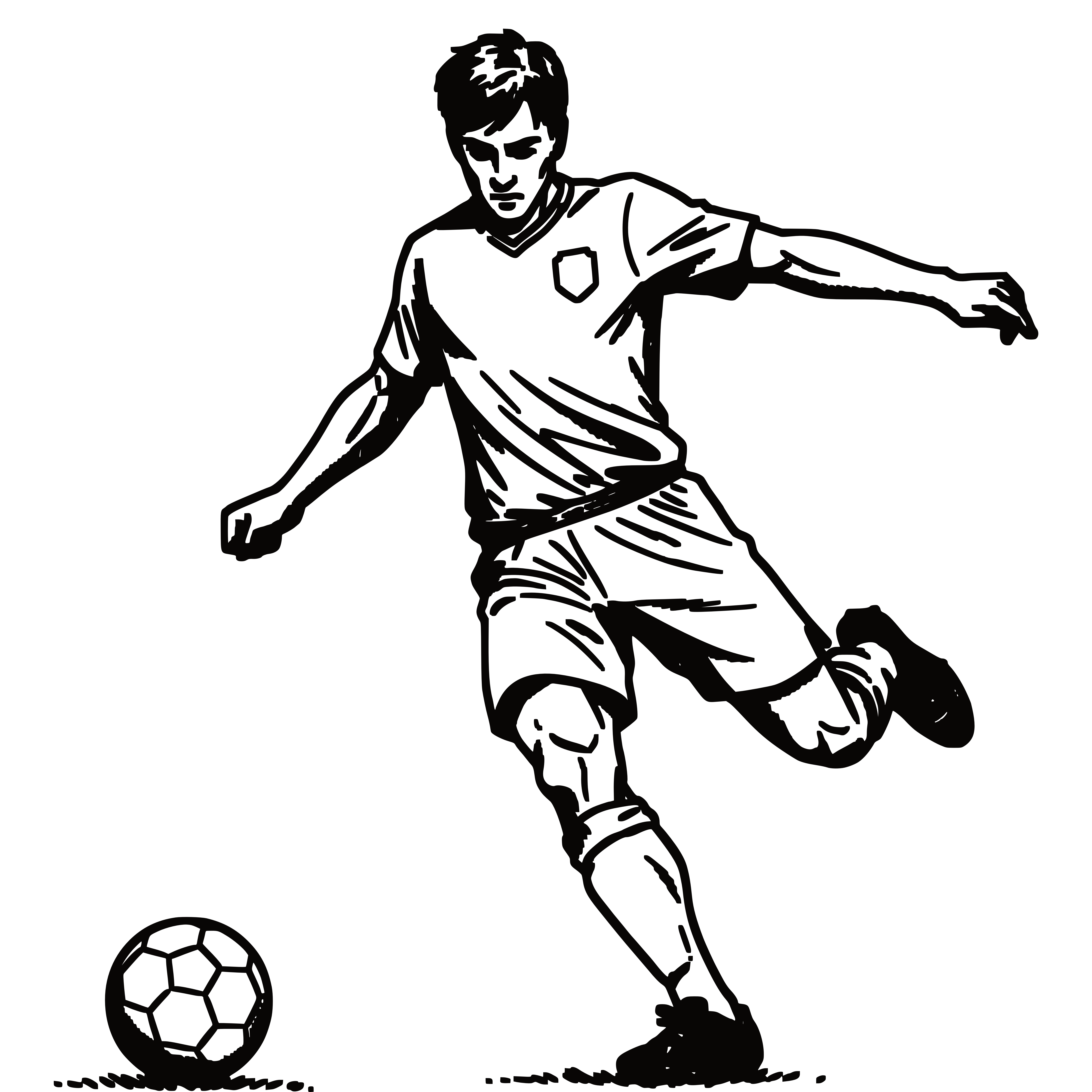 Dynamiczna ilustracja piłkarza kopiącego piłkę — czarno-biała grafika w stylu tatuażu sportowego z wyraźnymi liniami ruchu.