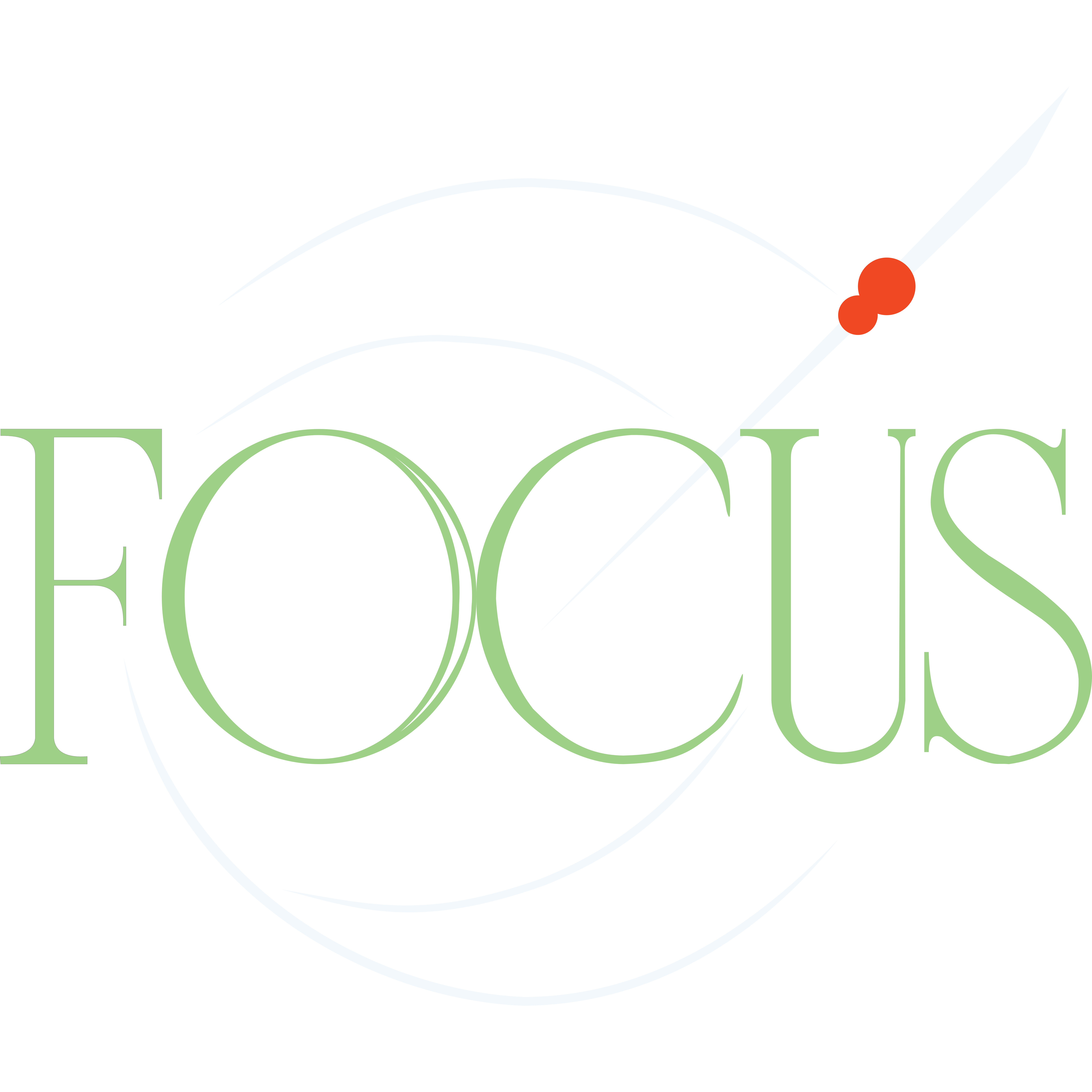 Napis „FOCUS” w zielonym kolorze z centralnie trafioną tarczą i strzałą — symbol koncentracji, celu i precyzji w minimalistycznym stylu.