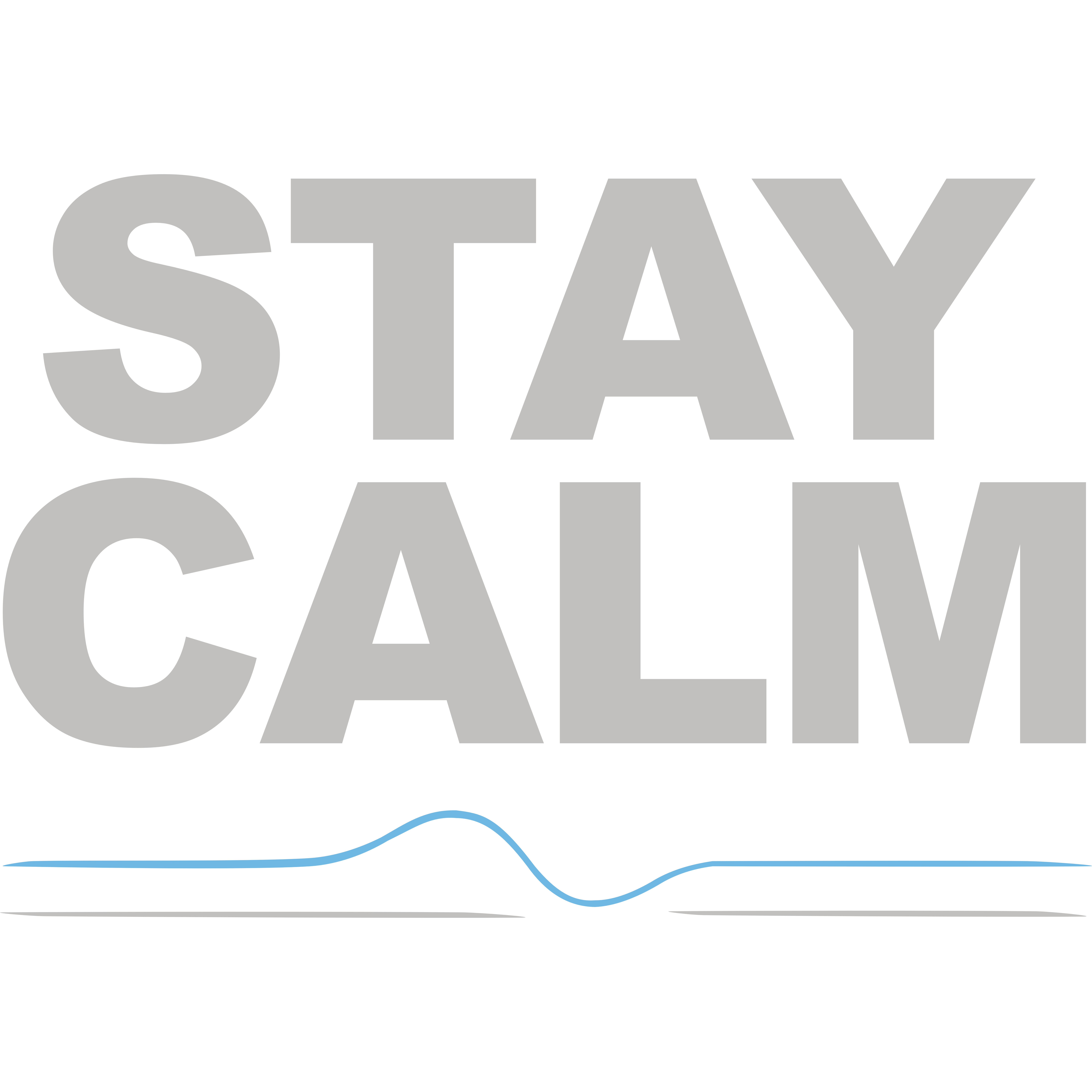Napis „STAY CALM” w szarym kolorze, uzupełniony linią przypominającą spokojną falę — minimalistyczny przekaz równowagi i opanowania.